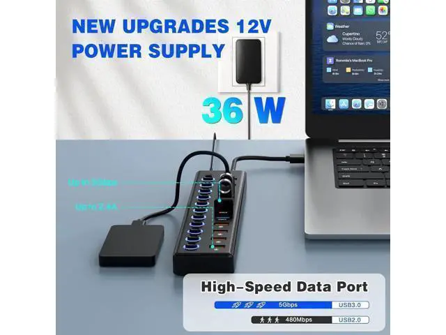 Alt view image 9 of 14 - 11 Port USB Hub 3.0, Powered USB Splitter Includes 7-Port USB-A Data Transfer with 5Gbps and 4-Port Smart Charging with 2.4A, Individual Switches, and USB Extender for Laptop, Mac, Windows, PC