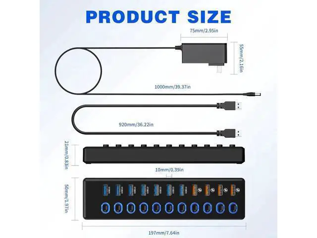 Alt view image 13 of 14 - 11 Port USB Hub 3.0, Powered USB Splitter Includes 7-Port USB-A Data Transfer with 5Gbps and 4-Port Smart Charging with 2.4A, Individual Switches, and USB Extender for Laptop, Mac, Windows, PC