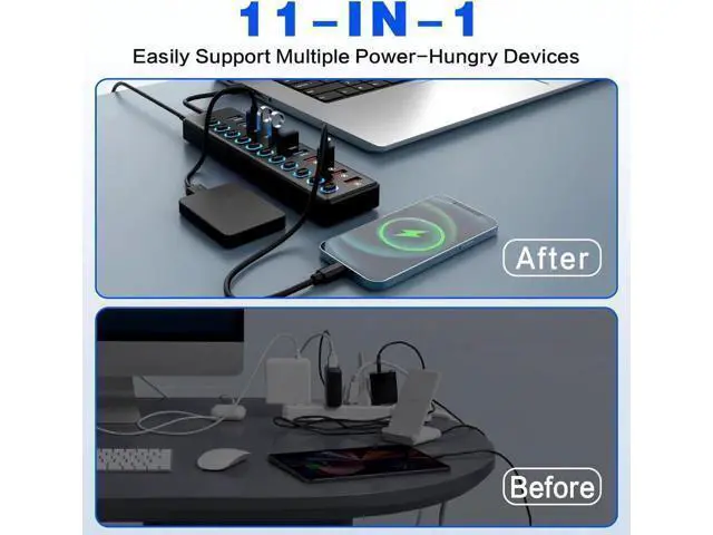 Alt view image 14 of 14 - 11 Port USB Hub 3.0, Powered USB Splitter Includes 7-Port USB-A Data Transfer with 5Gbps and 4-Port Smart Charging with 2.4A, Individual Switches, and USB Extender for Laptop, Mac, Windows, PC