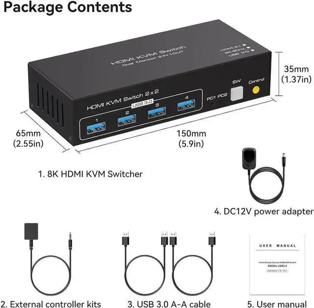 Alt view image 12 of 12 - 8K@60Hz KVM Switch HDMI 2 in 2 Out, HDMI KVM Switch for 2 Computers Share 2 Monitors and 4 USB 3.0 port, 4K@120Hz Dual Monitor HDMI USB KVM Switch, Desktop Controller and 2 USB Cable Included
