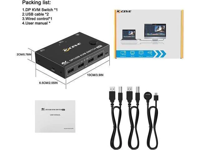 Alt view image 2 of 2 - 2 Port Display Port KVM DP Switch 2 in 1 Out, DisplayPort KVM Switcher Support 4K @60Hz Control Up to 2 Computers for Share Keyboard, Mouse, Monitor