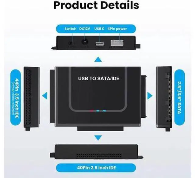Alt view image 9 of 14 - USB 3.0 to IDE SATA Adapter, USB 3.0 Type C Hard Drive Reader External HDD Converter for 2.5/3.5 inches IDE SATA HDD SSD, DVD/CD Optical Drive, 12V/2A Power Adapter Included