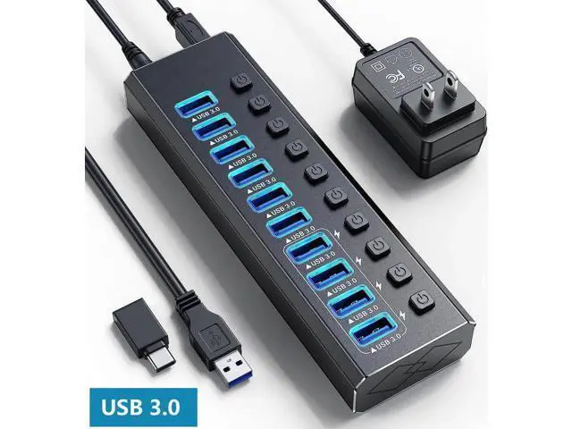 Alt view image 8 of 14 - Powered USB 3.0 Hub, 10-Port Powered USB Hub 3.0 with Individual Switch, Aluminum Alloy Fast Charging USB 3.0 Hub USB Expander Compatible with All USB Devices Laptops Desktops (12V 4A Power Adapter)