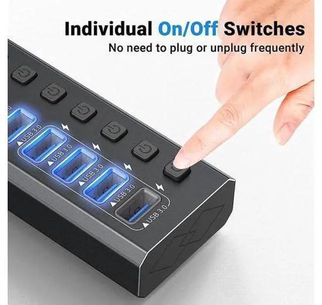 Alt view image 9 of 14 - Powered USB 3.0 Hub, 10-Port Powered USB Hub 3.0 with Individual Switch, Aluminum Alloy Fast Charging USB 3.0 Hub USB Expander Compatible with All USB Devices Laptops Desktops (12V 4A Power Adapter)