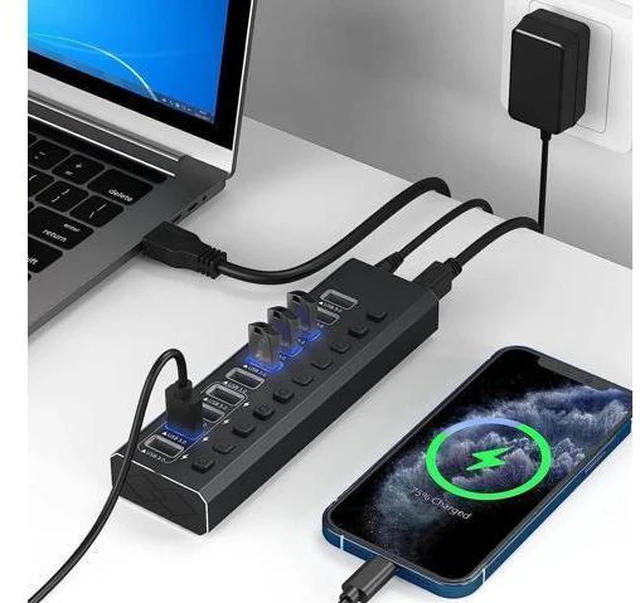 Alt view image 10 of 14 - Powered USB 3.0 Hub, 10-Port Powered USB Hub 3.0 with Individual Switch, Aluminum Alloy Fast Charging USB 3.0 Hub USB Expander Compatible with All USB Devices Laptops Desktops (12V 4A Power Adapter)