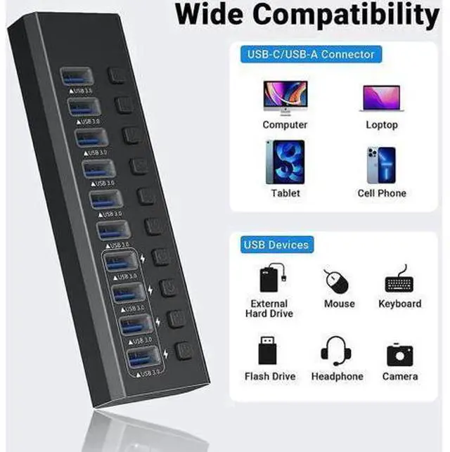 Alt view image 11 of 14 - Powered USB 3.0 Hub, 10-Port Powered USB Hub 3.0 with Individual Switch, Aluminum Alloy Fast Charging USB 3.0 Hub USB Expander Compatible with All USB Devices Laptops Desktops (12V 4A Power Adapter)