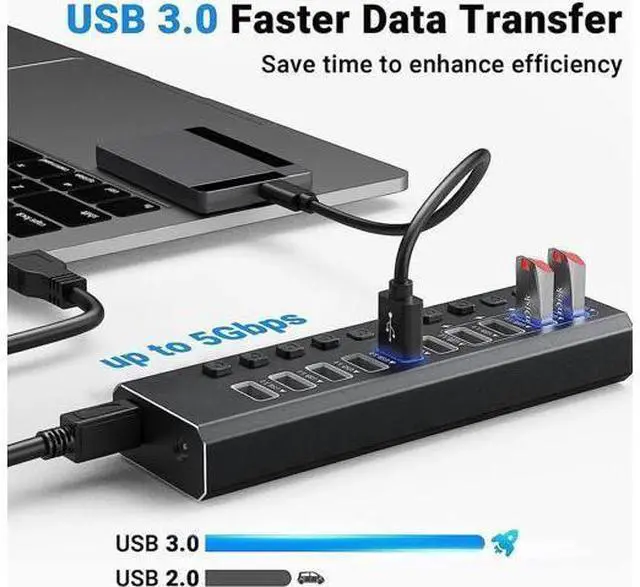 Alt view image 12 of 14 - Powered USB 3.0 Hub, 10-Port Powered USB Hub 3.0 with Individual Switch, Aluminum Alloy Fast Charging USB 3.0 Hub USB Expander Compatible with All USB Devices Laptops Desktops (12V 4A Power Adapter)