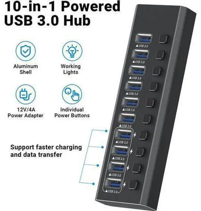 Alt view image 13 of 14 - Powered USB 3.0 Hub, 10-Port Powered USB Hub 3.0 with Individual Switch, Aluminum Alloy Fast Charging USB 3.0 Hub USB Expander Compatible with All USB Devices Laptops Desktops (12V 4A Power Adapter)