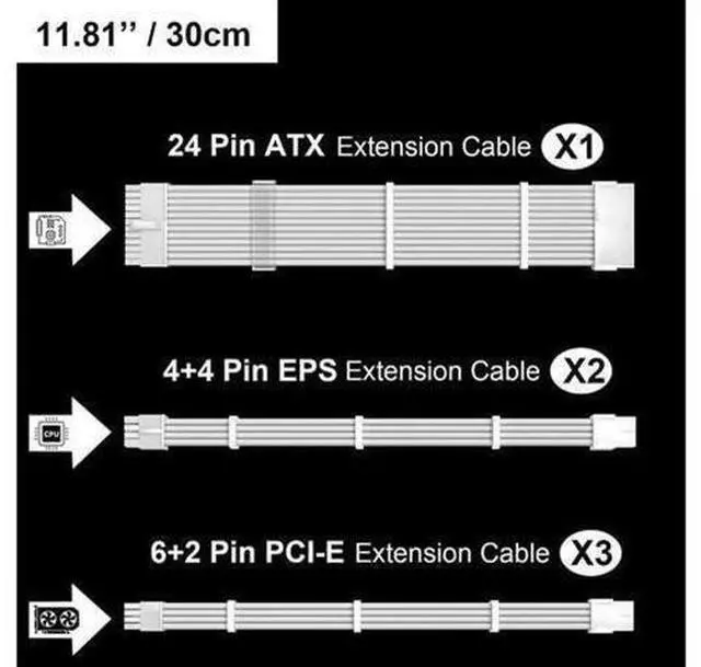 Alt view image 9 of 10 - White PSU Extension Cable Kit,Custom Sleeved Power Supply Cable Mod for PC Build 18AWG 24Pin ATX /8 (4+4) Pin EPS CPU Cable /8 (6+2) Pin PCI-E GPU PSU Cables 6PCS with Cable Comes