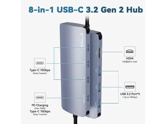 Alt view image 9 of 14 - USB C to USB Hub 8-in-1 with 4K@60Hz HDMI, 3 USB-C 3.2 Gen2 10Gbps, 3 USB A 3.2 10Gbps Ports,100W Power Delivery with 10Gbps Data, USB-C Hub Multiport Adapter for MacBook Pro and More Type C Devices