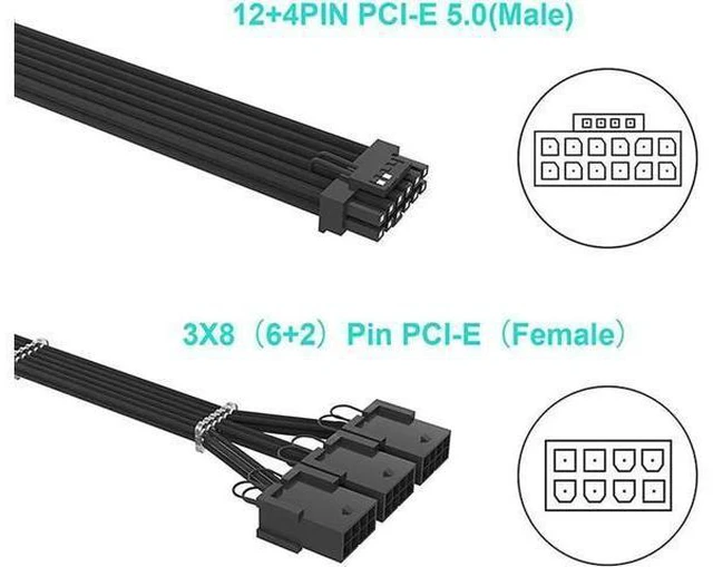 Alt view image 6 of 8 - Aomoproing 12+4pin transfer 3×8PIN ATX Extension Cable 3.0 Mixed Next-gen PCI-E 5.0 Extension Kit Black