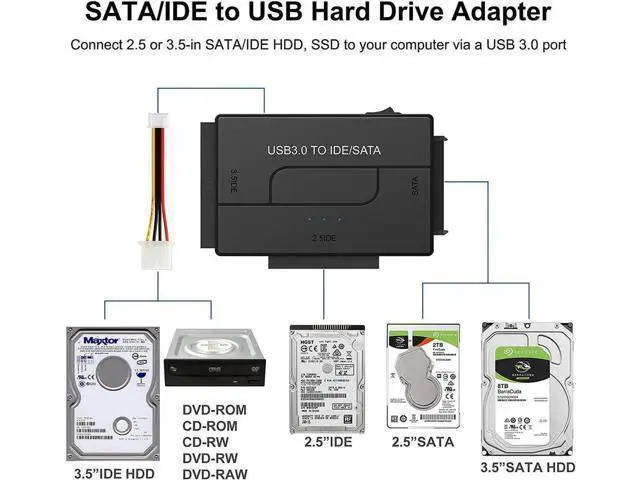 Alt view image 10 of 14 - SATA/IDE to USB 3.0 Adapter, External Hard Drive Reader for Universal 2.5 3.5-inch IDE and SATA HDD SSD, 5.25" CD/DVD Drives, Hard Drive Adapter with Power Supply Support 6TB with 12V 2A Power Adapter
