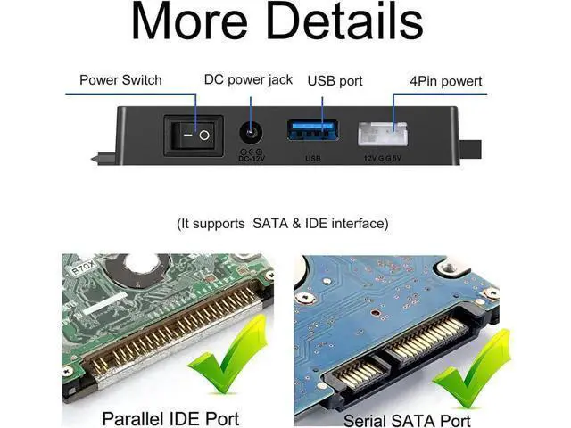 Alt view image 11 of 14 - SATA/IDE to USB 3.0 Adapter, External Hard Drive Reader for Universal 2.5 3.5-inch IDE and SATA HDD SSD, 5.25" CD/DVD Drives, Hard Drive Adapter with Power Supply Support 6TB with 12V 2A Power Adapter
