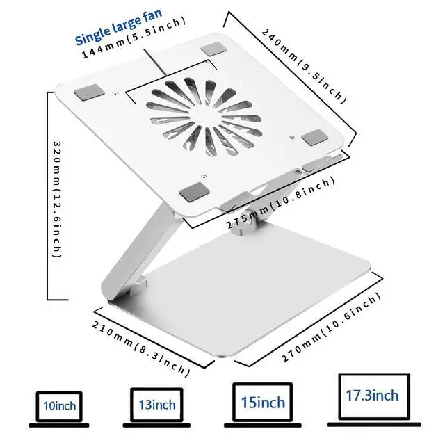 Alt view image 7 of 10 - Laptop Cooling Pad with Low-Noise Fan and 3.0 USB Hubs, Ventilated Laptop Cooler Prevent Overheating, Ergonomic Laptop Stand Support Up to 17 Gaming Notebook Computer, Aluminum