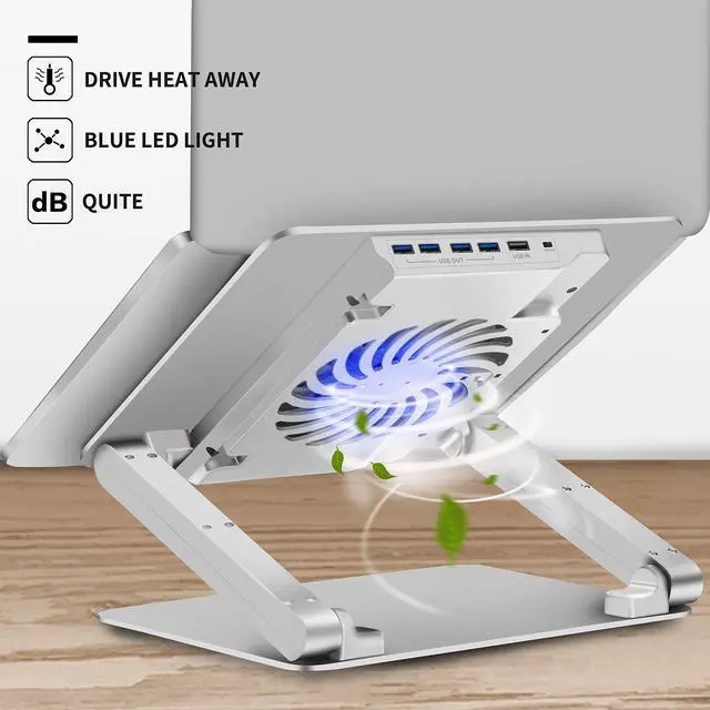 Alt view image 8 of 10 - Laptop Cooling Pad with Low-Noise Fan and 3.0 USB Hubs, Ventilated Laptop Cooler Prevent Overheating, Ergonomic Laptop Stand Support Up to 17 Gaming Notebook Computer, Aluminum