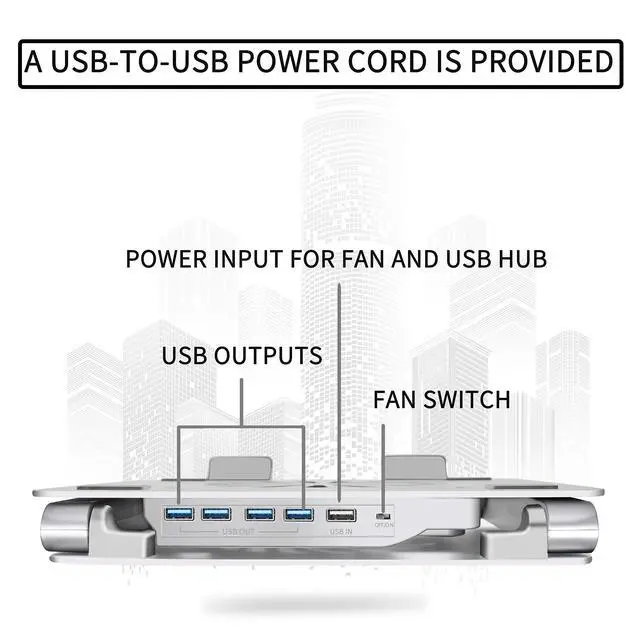 Alt view image 9 of 10 - Laptop Cooling Pad with Low-Noise Fan and 3.0 USB Hubs, Ventilated Laptop Cooler Prevent Overheating, Ergonomic Laptop Stand Support Up to 17 Gaming Notebook Computer, Aluminum
