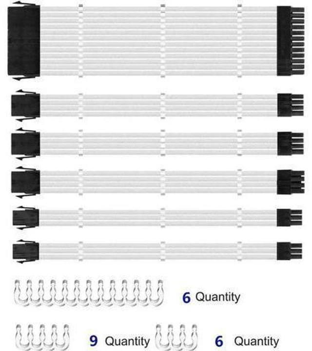 Alt view image 2 of 2 - Sleeved Cables, PSU Extension Cable Kit for Power Supply, Fiber Braided ATX EPS PCI-E Cable with Combs, 30CM (White)