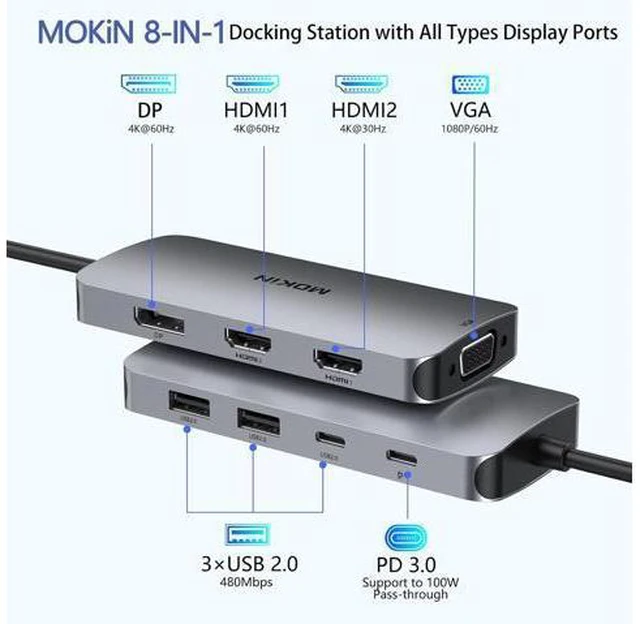 Alt view image 8 of 12 - USB C Docking Station Dual HDMI, MOKiN Docking Station 3 Monitors, Displayport, VGA, 100W PD Charging, 2USB A 2.0, USB C 2.0 Ports Multiport Adapter, 8 in 1 USB C Hub for Dell, HP, Lenovo Thinkpad