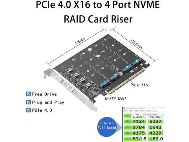 Alt view image 8 of 14 - PCIE 4.0 NVME Adapter PCI Express x16 to 4 Port M.2 M-Key NVME SSD Expansion Card Riser Full Speed