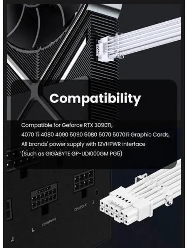 Alt view image 14 of 14 - Aomoproing16pin GPU Power Cable - 70cm PCI-e 5.0 12VHPWR 600W 12+4 Male to Male 12V-2x6 PSU Sleeved Cable for RTX 3090Ti 4070 Ti 4080 4090 5090 5080 5070 5070Ti to ATX 3.0 Modular Power Supply (White)