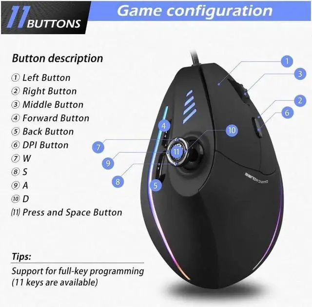 Alt view image 10 of 14 - ZEERKEER Ergonomic Vertical Mouse, RGB Wired Vertical Gaming Mouse with Joystick, 10000 Max DPI and 11 Programmable Buttons for Gamers, Computer