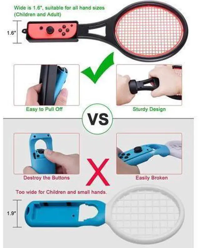Alt view image 11 of 14 - Tennis Racket for Nintendo Switch Joy-Con Tendak Game Accessories for Mario Tennis Aces Game with 12 in 1 Game Card Case - 2 Pack Black + Red