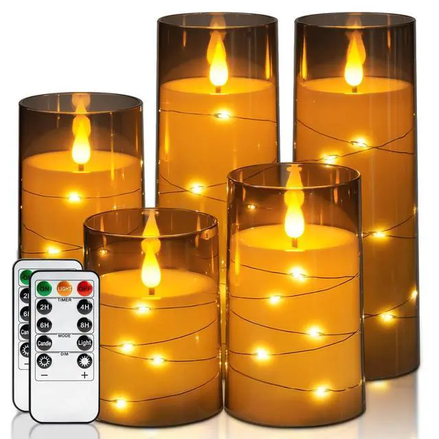 Alt view image 8 of 14 - Flameless Candles with Embedded Star String Fairy Lights, Battery Operated Candles, LED Candle, Fake Candles with Remote Control and Timer for Halloween, Gray Acrylic, Set of 5(H4"5"6"8"8")
