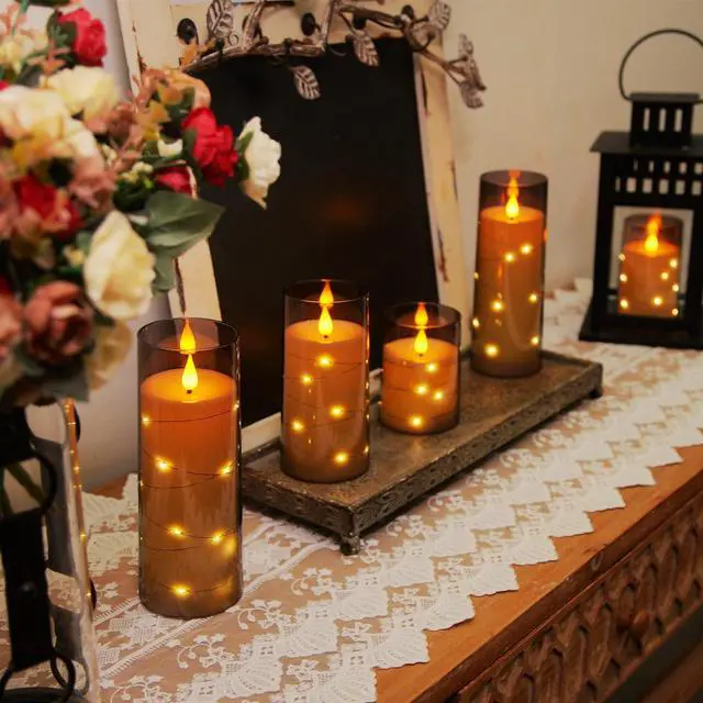Alt view image 11 of 14 - Flameless Candles with Embedded Star String Fairy Lights, Battery Operated Candles, LED Candle, Fake Candles with Remote Control and Timer for Halloween, Gray Acrylic, Set of 5(H4"5"6"8"8")