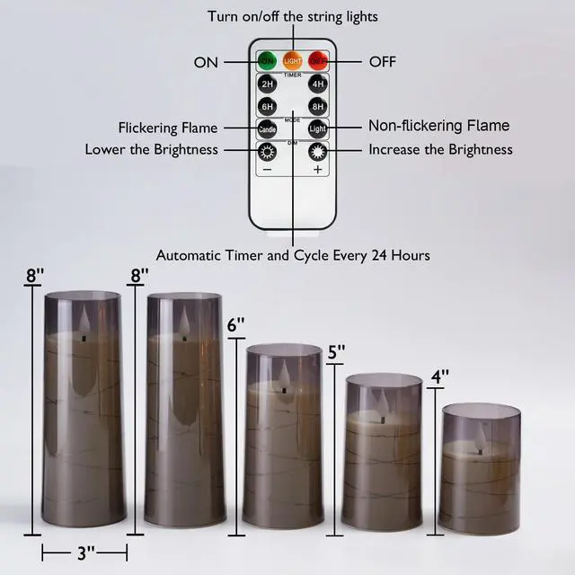 Alt view image 13 of 14 - Flameless Candles with Embedded Star String Fairy Lights, Battery Operated Candles, LED Candle, Fake Candles with Remote Control and Timer for Halloween, Gray Acrylic, Set of 5(H4"5"6"8"8")
