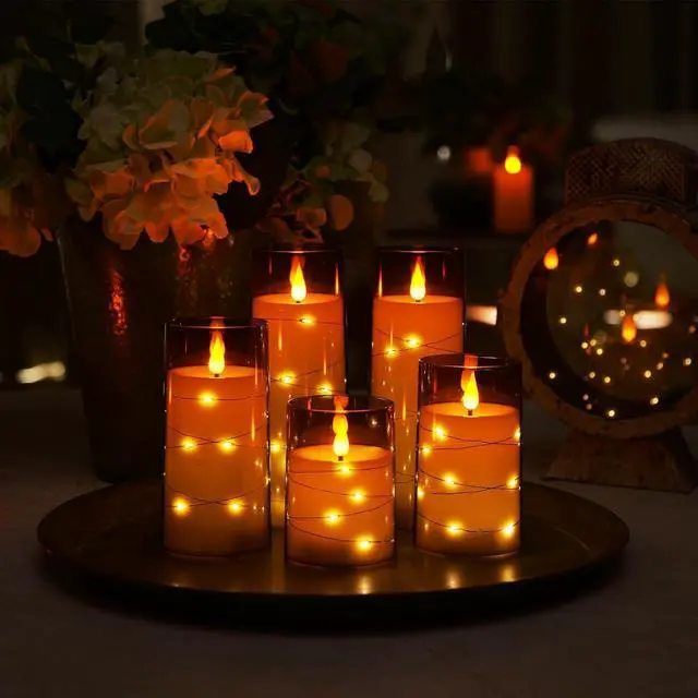 Alt view image 14 of 14 - Flameless Candles with Embedded Star String Fairy Lights, Battery Operated Candles, LED Candle, Fake Candles with Remote Control and Timer for Halloween, Gray Acrylic, Set of 5(H4"5"6"8"8")