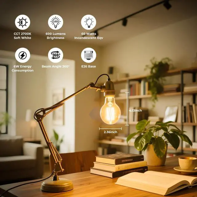 Alt view image 9 of 14 - Dimmable A19 E26 LED Bulb 60 watt Equivalent, Clear Light Bulbs | 2700K Soft White Vintage Edison Bulbs for Bathroom, Ceiling Fan, 90+CRI, 600LM, 6 Pack