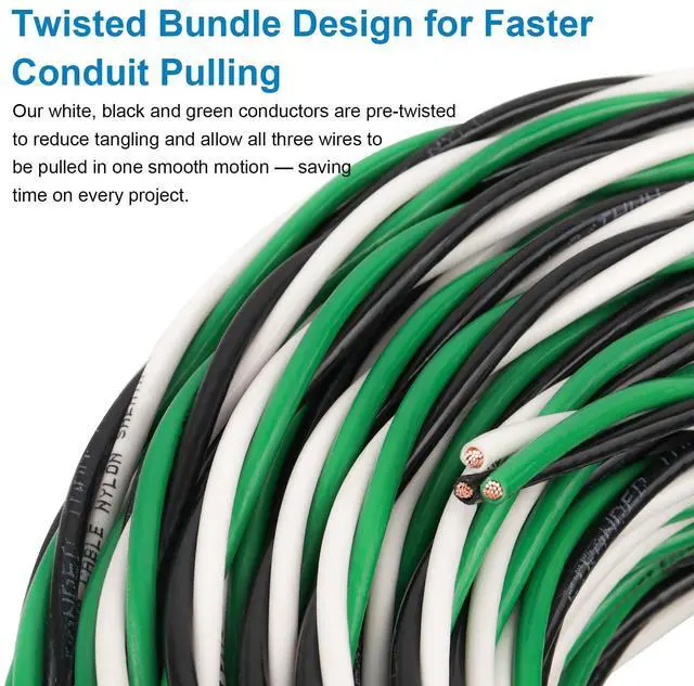 Alt view image 10 of 12 - 12 AWG THHN Wire 25FT 3-Color Set (Black/White/Green) Stranded Copper, Pre-Twisted Conductors, THHN/THWN-2 Rated, 600V, Nylon Jacket for Conduit, Residential & Commercial Wiring