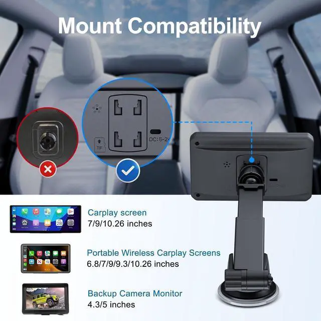 Alt view image 10 of 14 - Suction Cup Mount for CarPlay Display, Backup Camera Monitor, Extended Arm with 360° Rotation, 4-Tab Bracket Replacement Dashboard Windshield Holder for 7-11" Apple Carplay, Android Auto Screens