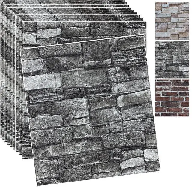 Alt view image 7 of 12 - 20PCS 3D Wall Panels Peel and Stick 3D Brick Wallpaper Peel and Stick Faux Stone Wall Panel Foam Brick Self-Adhesive Wallpaper (Black 20pcs)