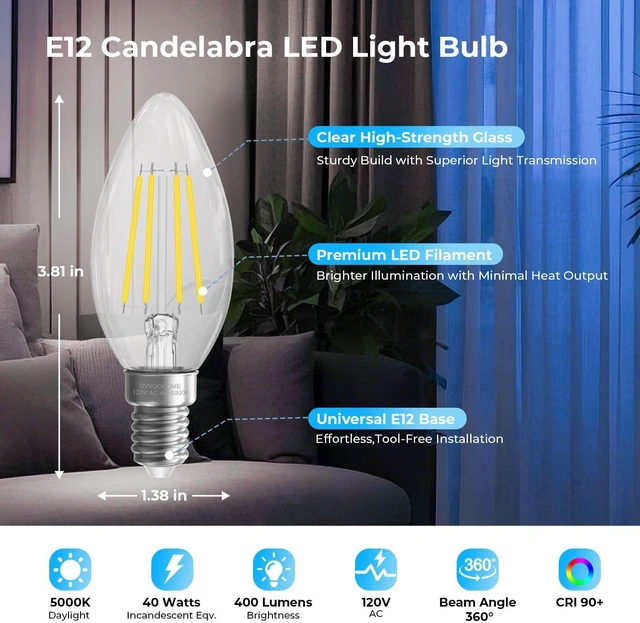 Alt view image 9 of 14 - E12 Candelabra Bulb, 5000K Daylight LED Chandelier Light Bulbs | 12 Pack, 40 Watt Equivalent E12 LED Bulb, Candelabra Light Bulbs for Ceiling Fans, Non-Dimmable, 400LM, 90+CRI Clear Glass
