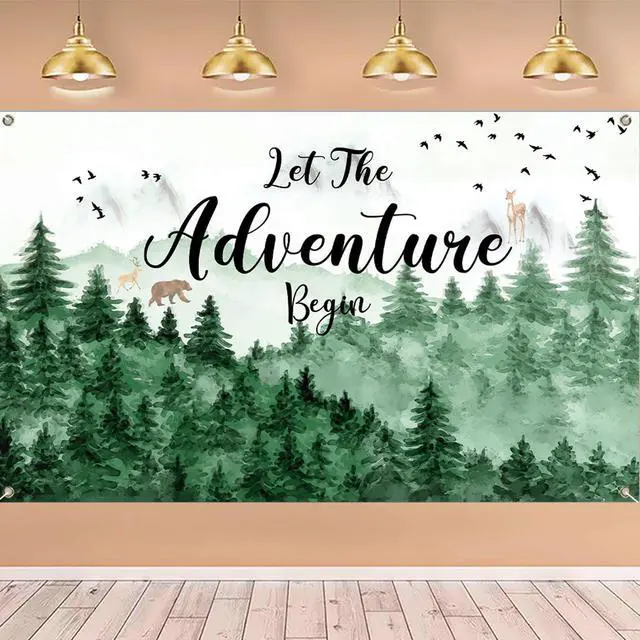 Alt view image 13 of 14 - Let The Adventure Begin Backdrop Banner with 70.8"X43.3", Adventure Awaits Bon Voyage Tree Mountain Wilderness Forest Photography Background for Baby Shower Birthday Party Decoration