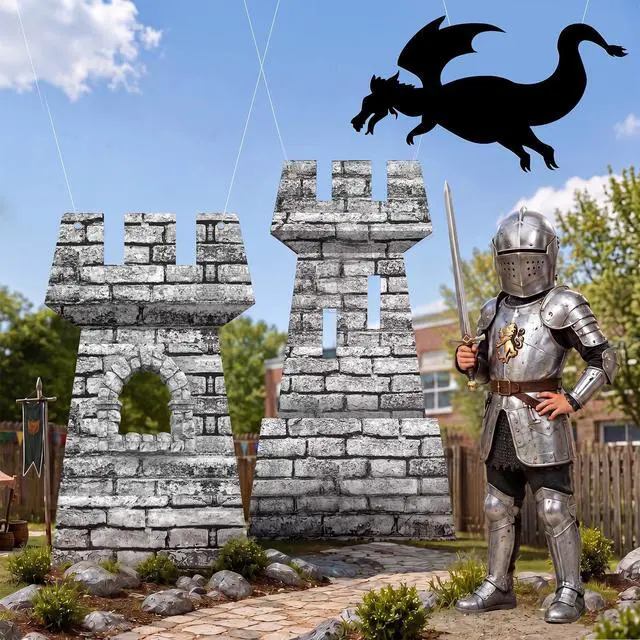 Alt view image 11 of 14 - 3 Pcs Halloween Medieval Party Decorations Kit 5ft 4ft Medieval Castle Backdrop 15.8 in Dragon Hanging Knight Stone Wall Fort Dragon Party for Halloween Birthday Renaissance Knight Photo Props