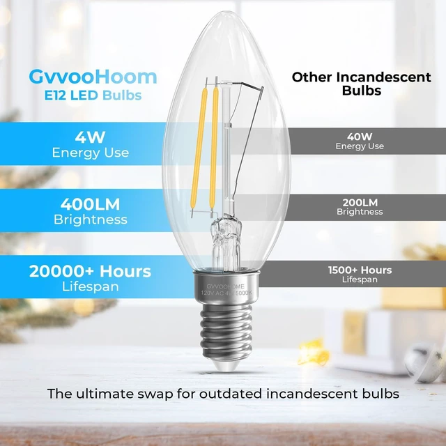 Alt view image 11 of 14 - E12 Candelabra Bulb, 5000K Daylight LED Chandelier Light Bulbs | 12 Pack, 40 Watt Equivalent E12 LED Bulb, Candelabra Light Bulbs for Ceiling Fans, Non-Dimmable, 400LM, 90+CRI Clear Glass