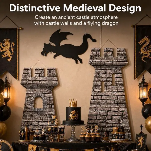 Alt view image 13 of 14 - 3 Pcs Halloween Medieval Party Decorations Kit 5ft 4ft Medieval Castle Backdrop 15.8 in Dragon Hanging Knight Stone Wall Fort Dragon Party for Halloween Birthday Renaissance Knight Photo Props