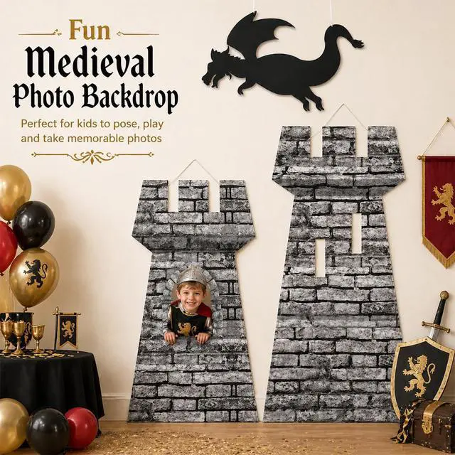 Alt view image 14 of 14 - 3 Pcs Halloween Medieval Party Decorations Kit 5ft 4ft Medieval Castle Backdrop 15.8 in Dragon Hanging Knight Stone Wall Fort Dragon Party for Halloween Birthday Renaissance Knight Photo Props
