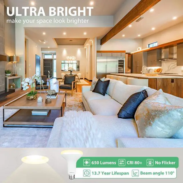 Alt view image 9 of 14 - BR30 LED Bulb, Dimmable Flood Lights Indoor CRI80 7W Equivalent 65W 2700K Soft White 650 Lumens, 15000 Hours Recessed Light Bulbs, Interior E26 Base LED Can Light Bulbs, 6 Pack