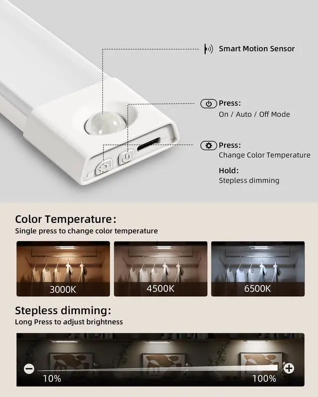 Alt view image 10 of 14 - 3 Pack 8 Motion Sensor Light Indoor Rechargeable, Stick on Under Cabinet Lighting Wireless, 30 LEDs Closet Light, Dimmable, 3 Color Temps, Counter Lights for Wardrobe, Pantry, Bedroom, Kitchen