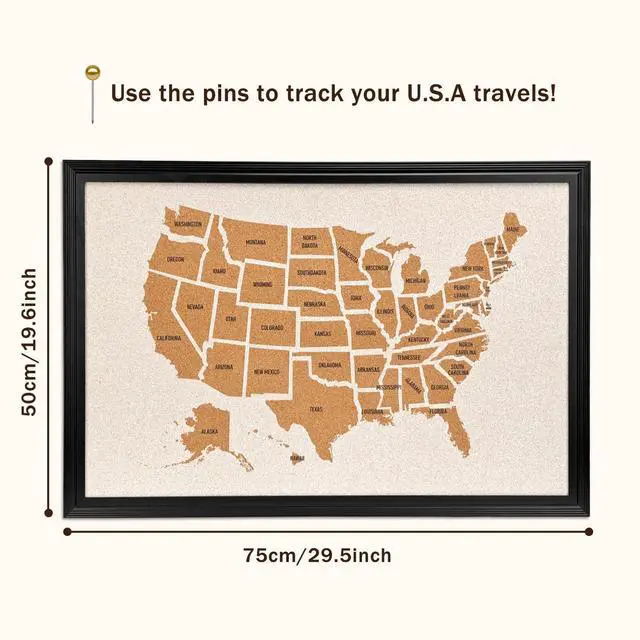 Alt view image 9 of 14 - Wooden Frame Cork Board Map of The United State, 20" X 30" Bulletin Boards for Walls with 10 Pins, Travel Tracker Map for Office, School and Home (US-MAP,5075,D)