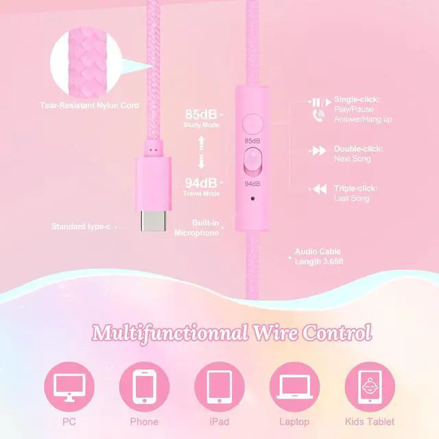 Alt view image 12 of 14 - USB C Kids Wired Headphones with Mic, 85/94dB Safe Volume Limit | Kids headphones with cord, foldable on-ear fit, tangle-free, sharing port for school, Chromebook, tablet, travel, boys girls