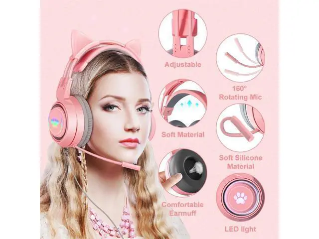 Alt view image 8 of 10 - Wired Headphones Cute Cat Ear Bluetooth Foldable Headphones Gift Silver Black