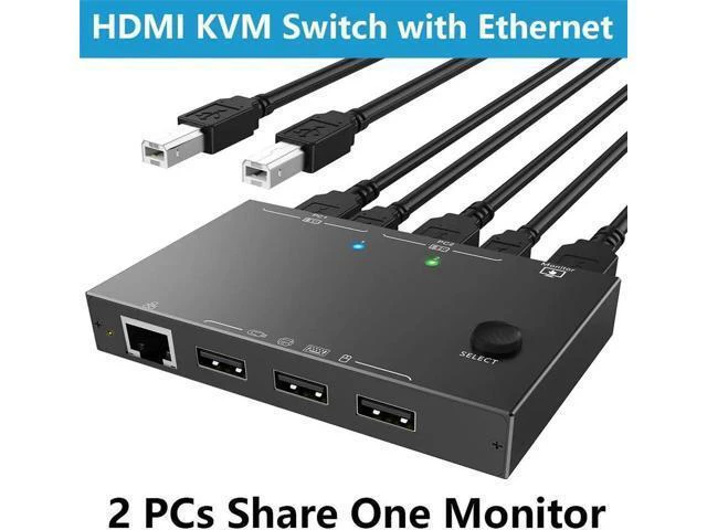Alt view image 8 of 14 - 2 Port HDMI KVM Switch 2 PC 1 Monitor 4K@60Hz 2K@144Hz, 2 in 1 Out HDMI KVM Switch with Ethernet and 4 USB 2.0 ports for 2 PC Sharing 1 Monitor and keyboard, mouse, printer, U disk, with 2 USB cables