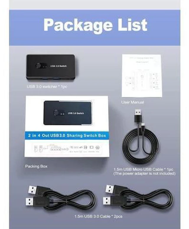 Alt view image 2 of 2 - USB 3.0 Switch 2 in 4 Out, USB Switcher Selector 2 Computers Sharing 4 USB 3.0 Ports, KM Switcher Box with 2 Pack USB Cable for PC, Printer, Scanner, Mouse, Keyboard, Compatible with Mac/Windows/Linux