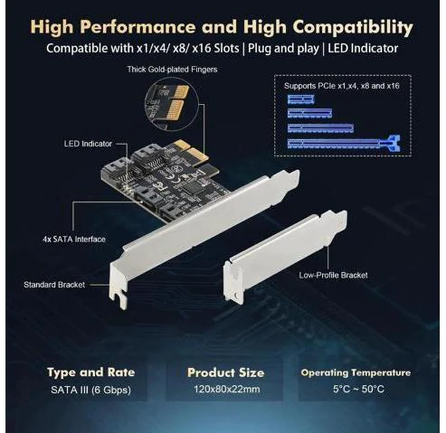 Alt view image 13 of 14 - Aomoproing PCIE X1 to SATA Card 4 Port, 6Gbps SATA 3.0 Controller, Includes 4 SATA Cables and Low Profile Bracket, for Windows 10/11