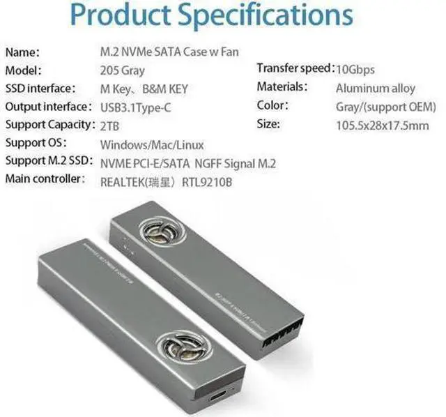 Alt view image 13 of 14 - Dual Protocol M.2 SSD NVMe SATA Case Support M2 NVMe NGFF Sata SSD Hard Drive with Fan For PCIe M Key/B+M Key USB C 10Gbps Box Silver