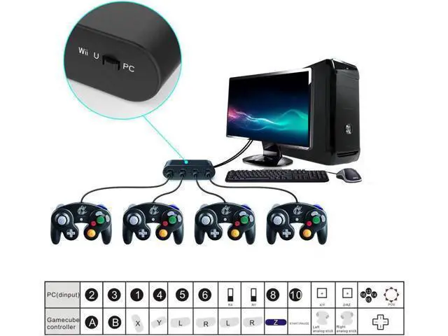 Alt view image 12 of 14 - Gamecube Controller Adapter for Wii u and 4 Port Black Super Smash Bros GameCube Adapter for Wii u PC USB Switch